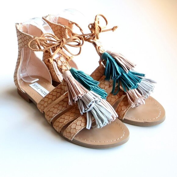 Steve Madden Monrowe Tan Leather Ankle Tie Tassel Gladiator Sandals Summer Shoes - Picture 10 of 15